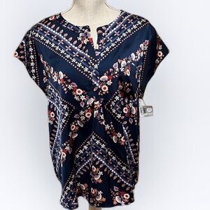 Liz Claiborne blue blouse with coral designs. Sz XL